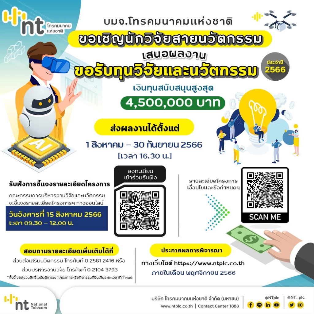 NT ขอเชิญนักวิจัยสายนวัตกรรม ขอรับทุนสนับสนุนมูลค่ารวมกว่า 4.5 ล้านบาท
