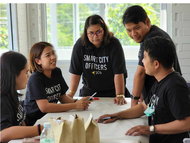 A smart city training session, showcasing participants engaged in learning with digital tools and interactive displays. A smart city training session, showcasing participants engaged in learning with digital tools and interactive displays.