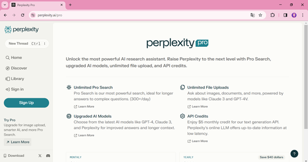 https://www.perplexity.ai/ แสดงผลิตภัณฑ์ “Perplexity Pro”